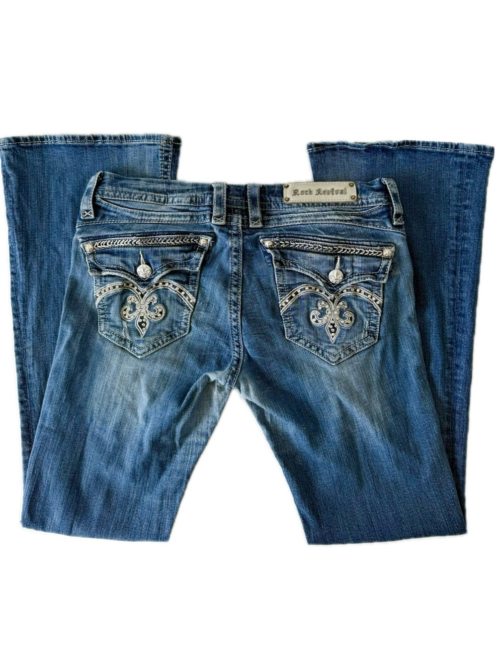 Rock Revival Sasha Flare Jeans for Buckle Size 32 Distressed Embellished Y2K